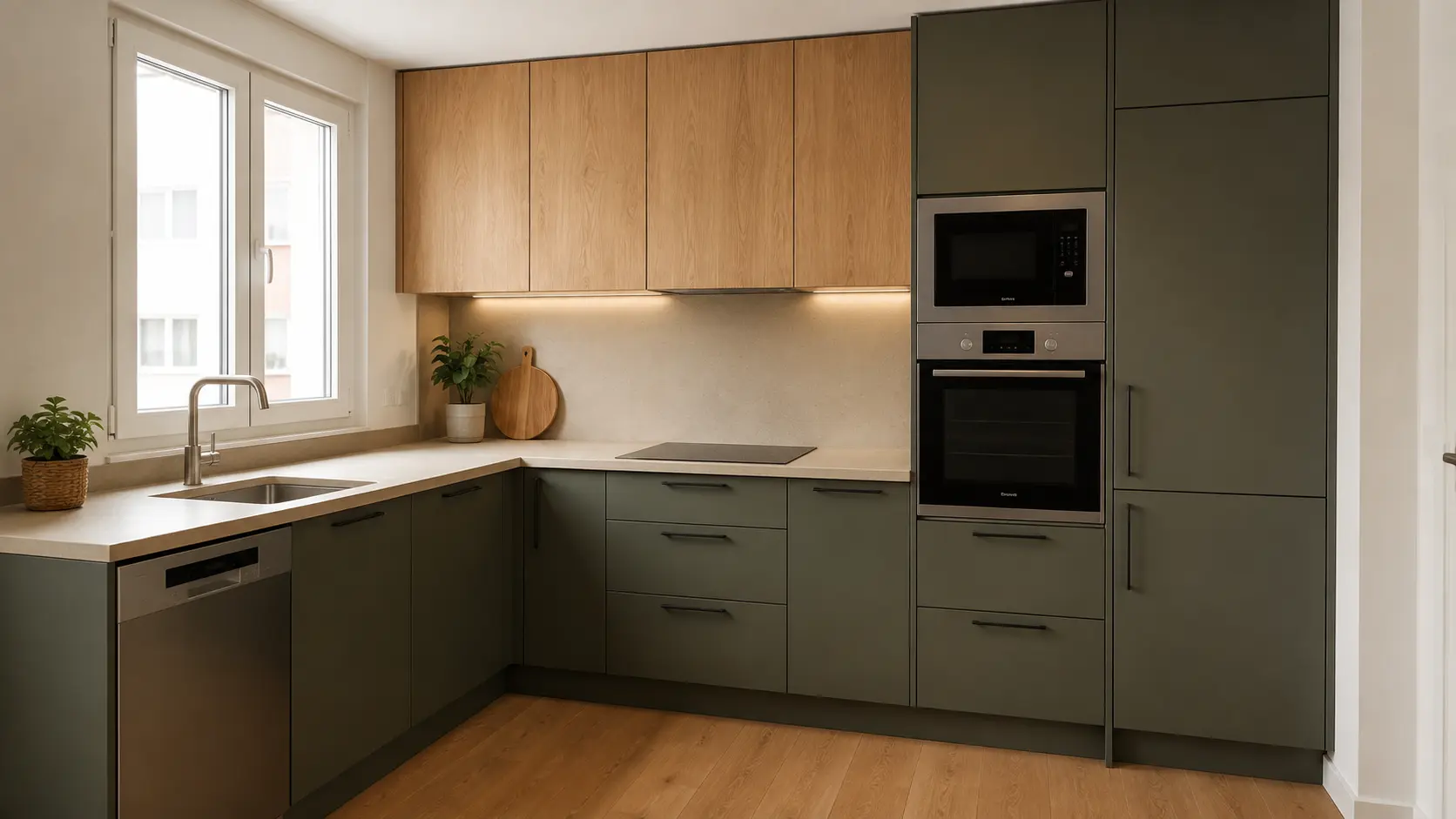 Cocina a medida verde y madera